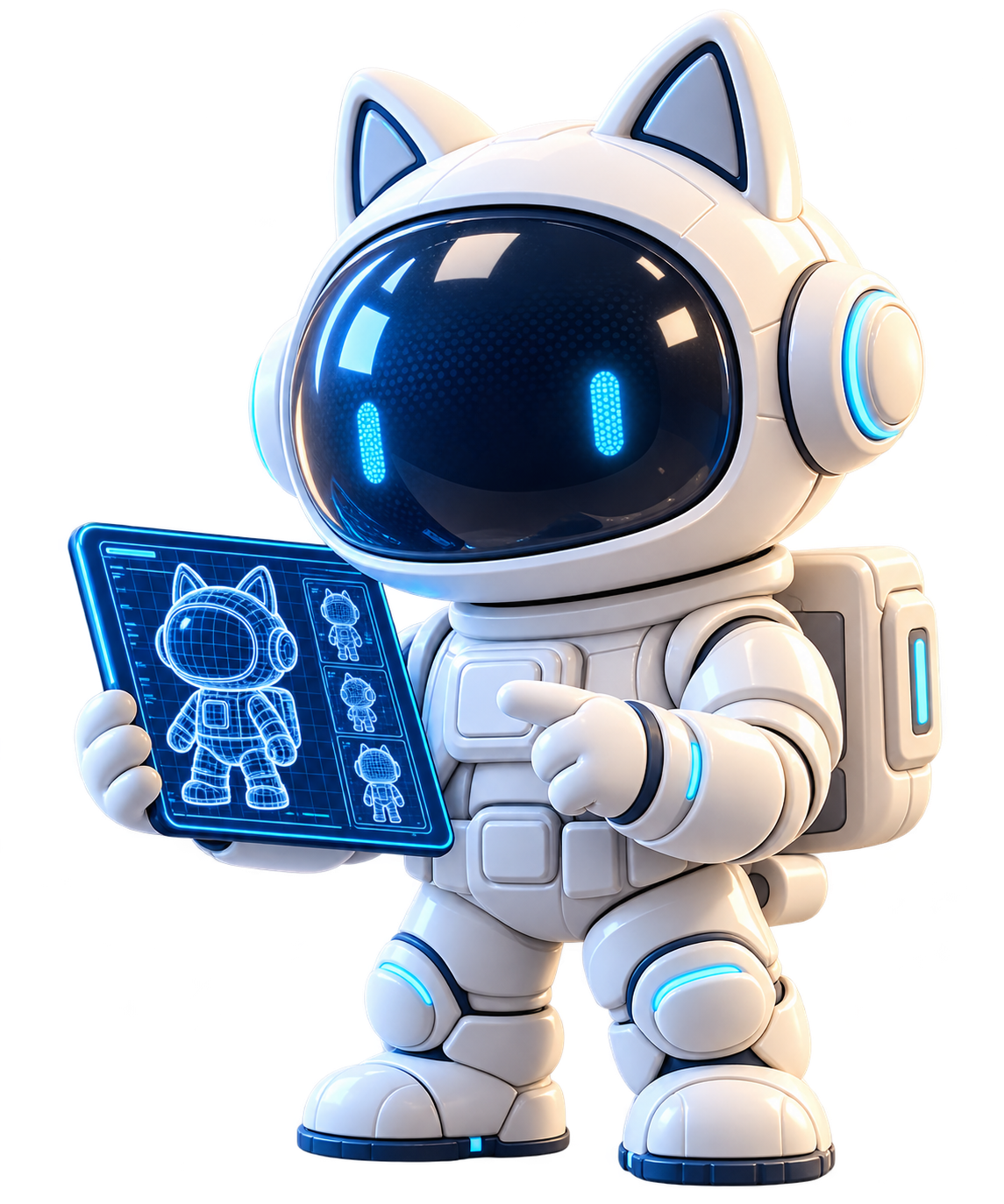 AI-generated concept illustration of Astradex’s astronaut-cat character holding a design tablet